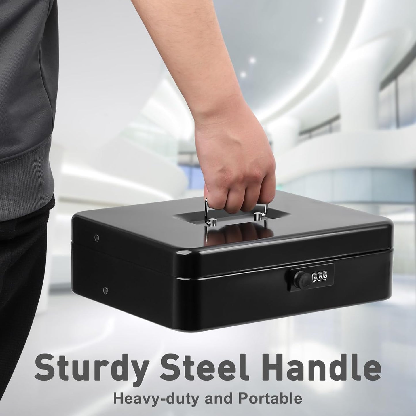 KYODOLED Large Cash Box with Combination Lock,Money Box with Cash Tray, Lock Safe Box with Key,Money Saving Organizer,11.81Lx 9.45Wx 3.54H Inches,Black XL Large