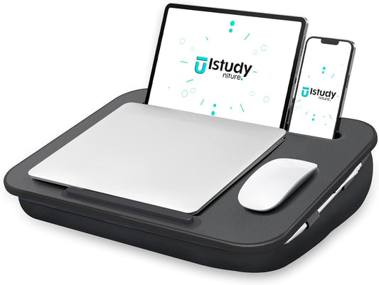Istudyniture Lap Desk | Portable Laptop Desk & Stand – Fits Up to 15.6 inch – Washable Cushion, Built-in Phone Holder – for Bed, Couch, Sofa, Floor – Writing, Reading, Home Office – Small, Black