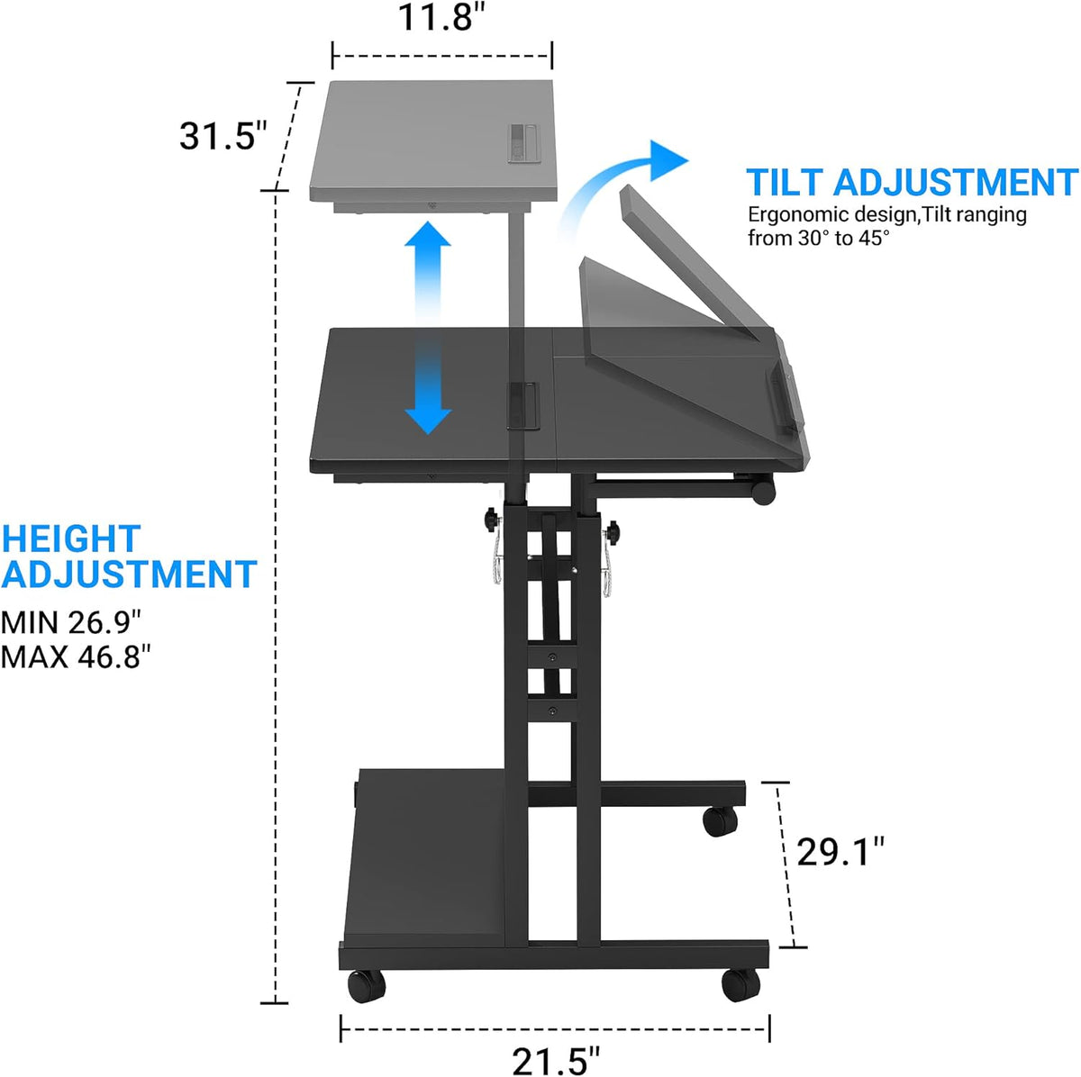 Mobile Standing Desk, Adjustable Rolling Computer Desk with 3 Desktops, Portable Laptop Table with Cup Holder, Home Office Laptop Workstation on Lockable Wheels, Black