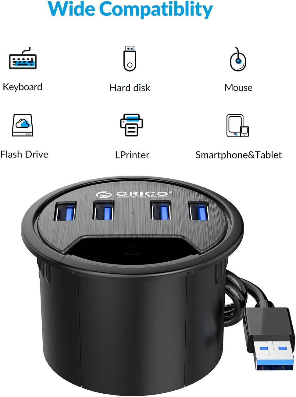 ORICO Desk Grommet, 4 Port USB 3.0 Hub, 5Gbps Data Transmission with 4.9ft Cord for Diameter 2.36" or 60MM Hole, Office Accessories, for PC, Flash Drive, HDD Enclosure and Other USB Devices