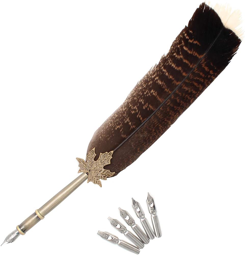 Gullor Quill Handcraft Feather Dip Pen Stem Metal Nib Pen Writing Quill with 5 Extra Nibs, Style F