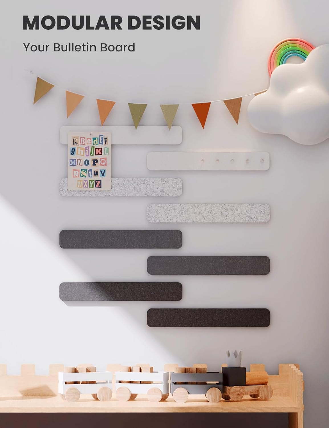 Cork Board Alternative Felt Strip Board 8-Pack 13"x2", Office Pin Board with 50 Push Pins, Adhesive Install for Bedroom Door & Home Office(Concrete Echo)