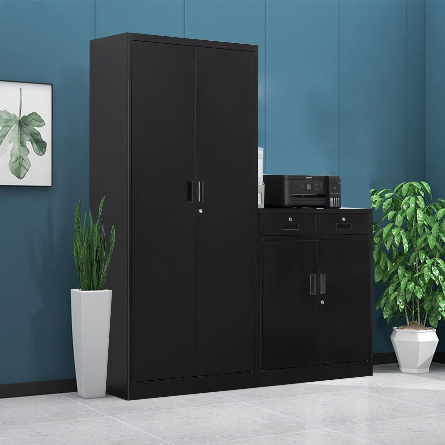 BESFUR Metal Garage Storage Cabinet 36" H, Black Steel Locking Cabinet with 2 Drawers,2 Lockable Doors and Adjustable Shelves Easy to Assemble for Home Office, Garage,School, Apartment, Warehouse