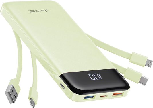 Charmast Portable Charger with Built in Cables, Power Bank with Cords Wires, Slim 10000mAh Travel Battery Pack 6 Outputs 3 Inputs 3A Fast Charging for Samsung Google Pixel LG Moto iPhone iPad