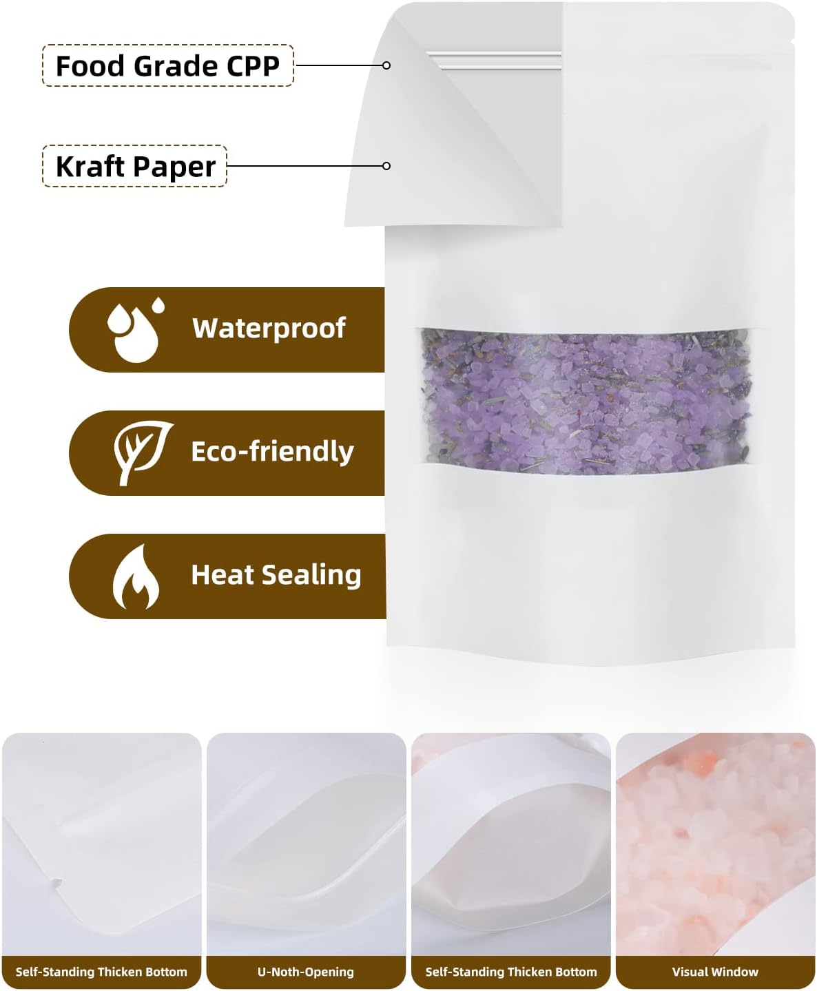 100pcs Kraft Bags with Window 4.7x7.8 Inches White Reusable Sealable Zip Lock Food Storage Stand up Paper Pouches for Home or Business
