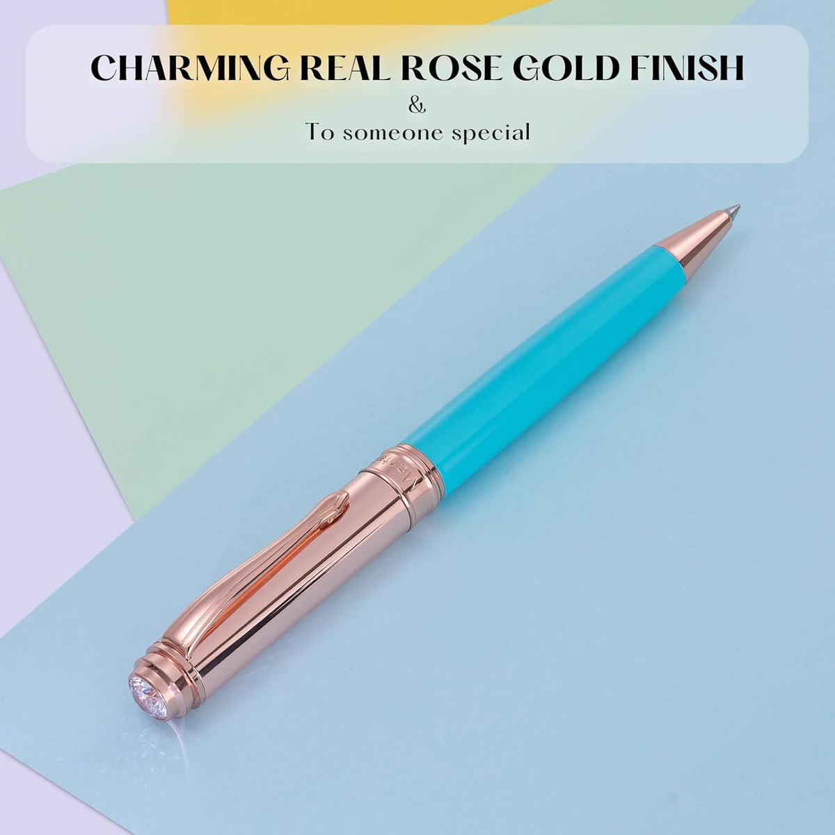 Luxury Gel Pen, Top Set With 8mm Brilliant Diamond,Delicate Green Pen Lacquer,Rose Real Gold Finish, Black Ink Refill,Fancy Gift Pen For Girl, Unique, Professional, Office Pens