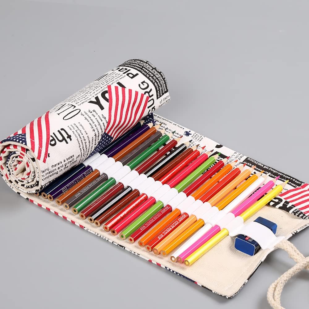 DIYOMR 24/36/72 Slots Pencil Wrap Pencil Rolls, Artist Colored Pencils Roll Up Bag Short Brushes Pouch Case Pencils Organizer for Drawing Coloring and Sketching, NO PENCILS (Flag, 24slots)