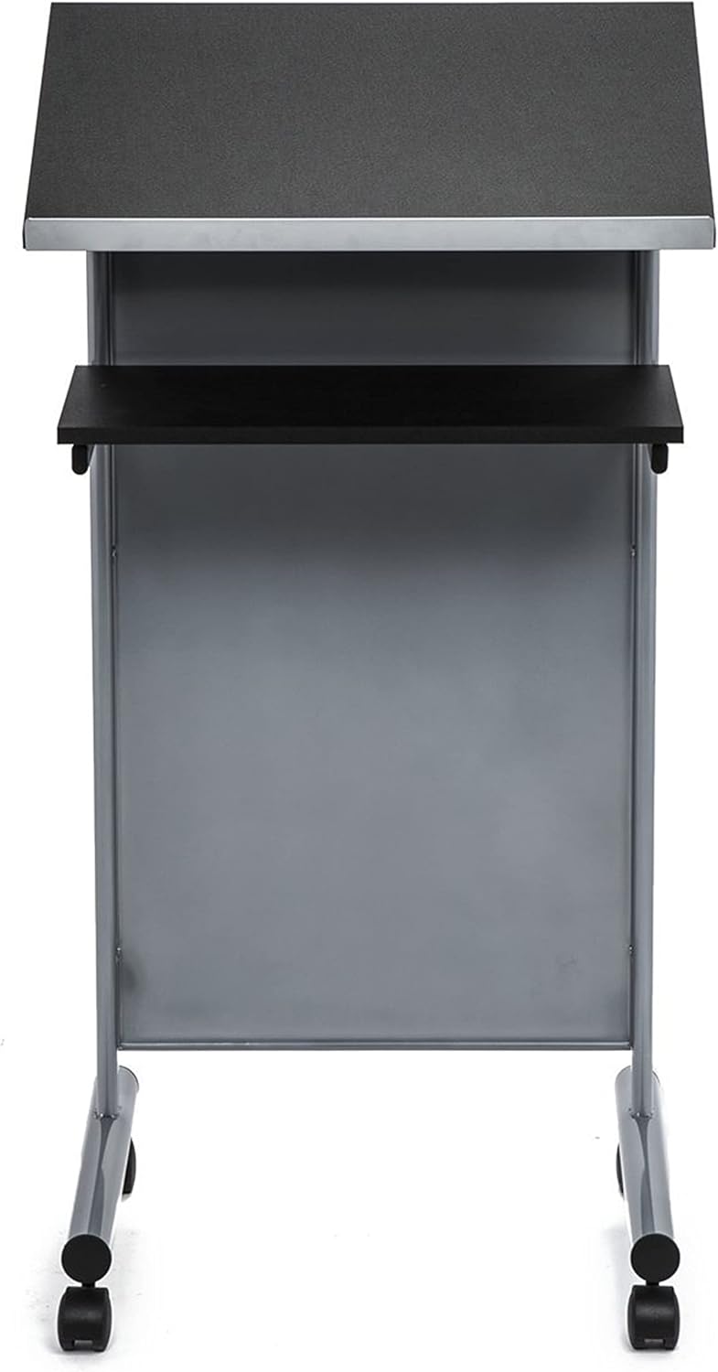 Audio-Visual Direct Wheeled Lectern Podium - Standing Desk with Storage Shelf - Silver/Black - Ideal for Presentations and Laptop Use