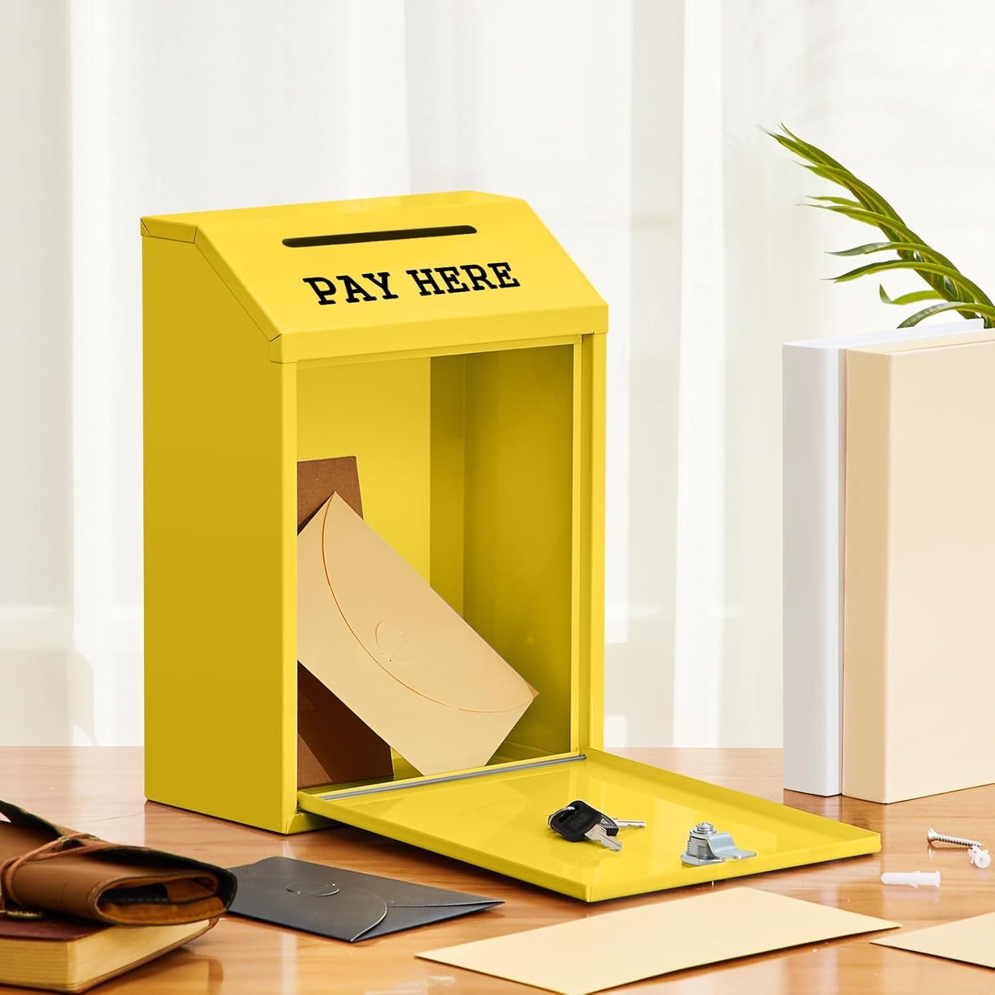 Safe Cash Box Money Collection Metal Donation Box with Lock Wall Mount Pre Drilled Mailbox Delivery Ballot for Home Office Outdoor Self Serve Stand(Yellow,11.8 x 8.6 x 4.7 Inch)