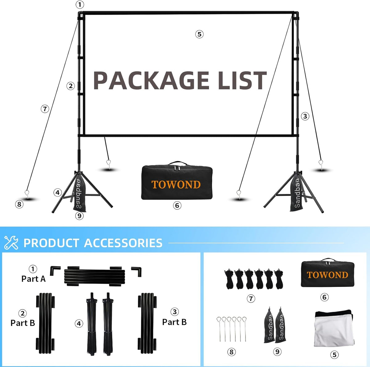 TOWOND Projector Screen with Stand, 84 inch Outdoor Projector Screen Portable Indoor Projection Screen 16:9 4K Rear Front Movie Screen with Carry Bag for Home Backyard Theater