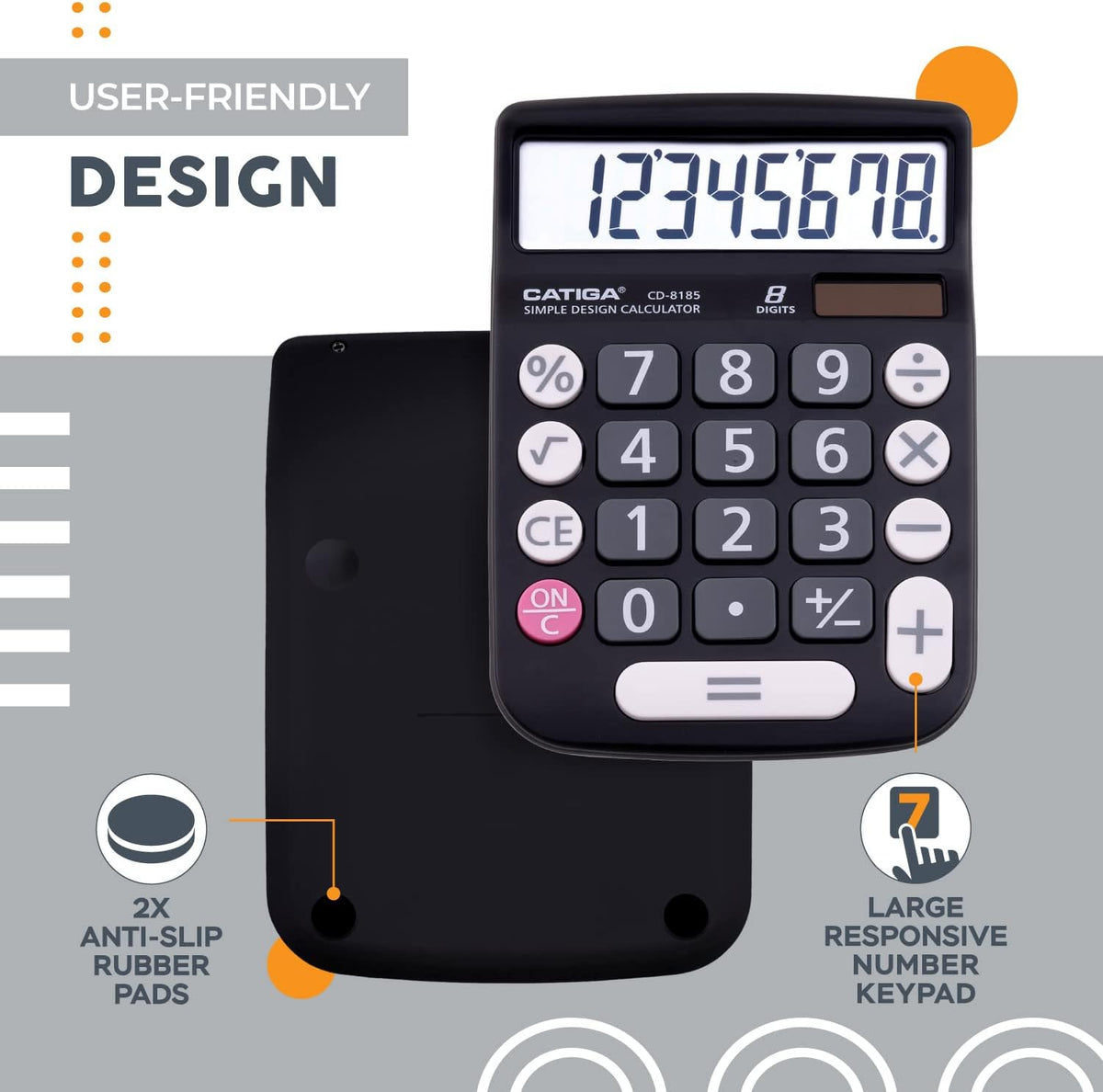 CATIGA Desktop Calculator 8 Digit with Solar Power and Easy to Read LCD Display, Big Buttons, for Home, Office, School, Class and Business, 4 Function Small Basic Calculators for Desk, CD-8185 Black