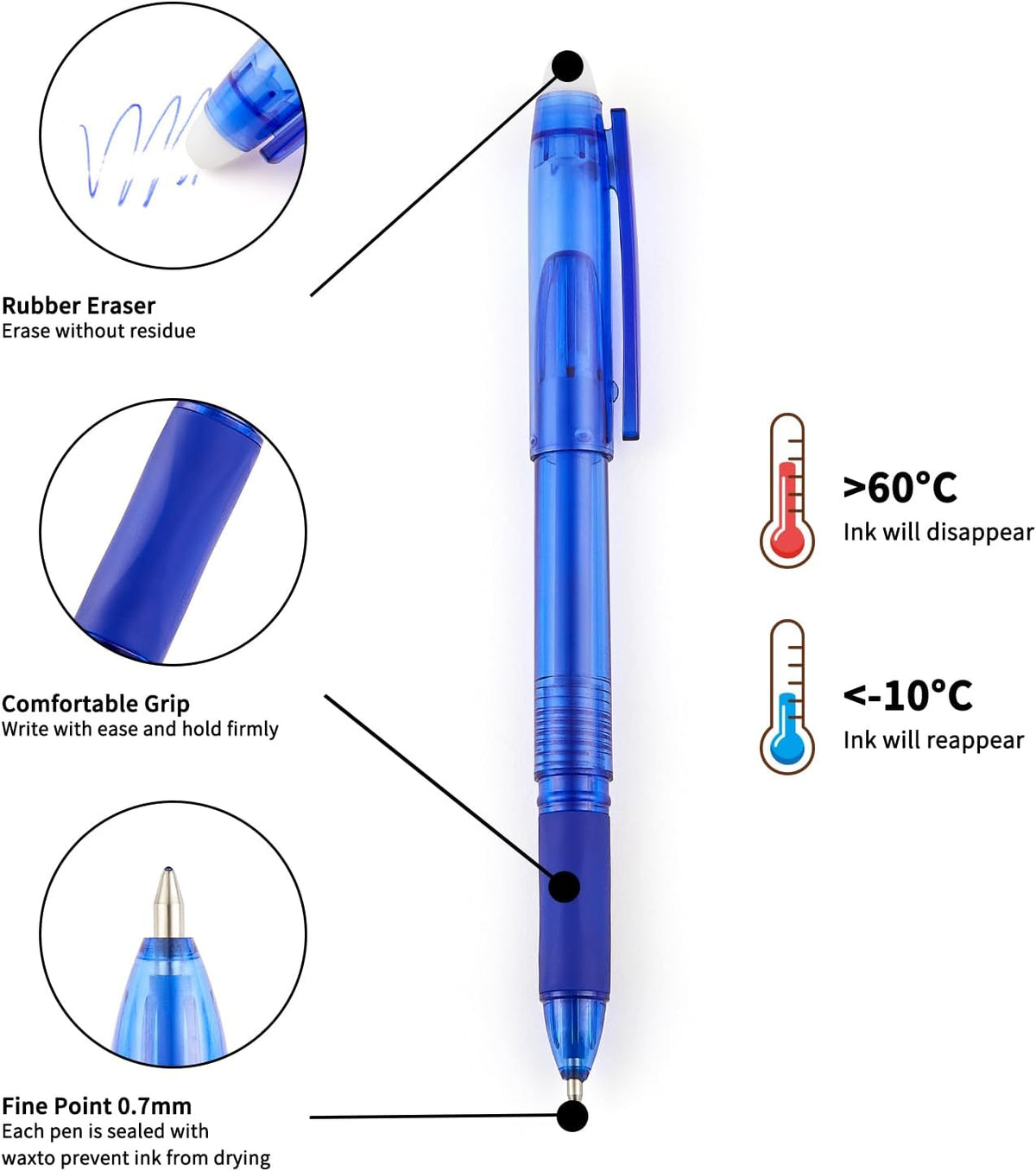 Volcanics 36 Pack Erasable Gel Pens – 18 Blue & 18 Black Gel Ink Pen, 0.7mm Fine Point, Smooth Fast-Drying, Capped Pens for School, Office, Students & Journaling