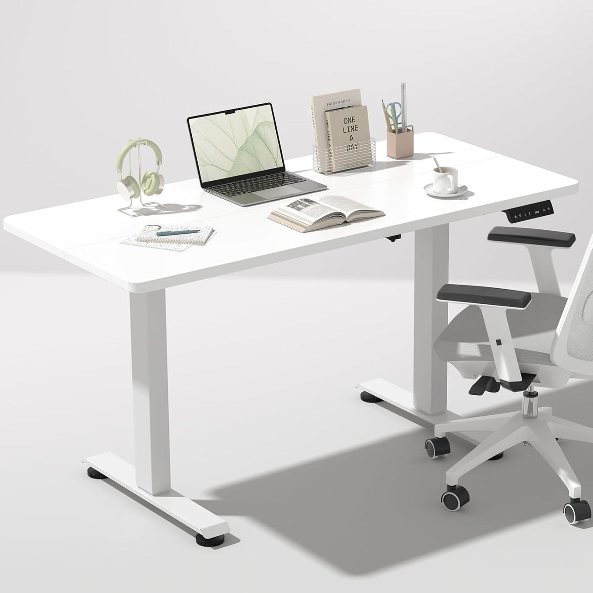 Veken 47.2 Inch Electric Standing Desk, Height Adjustable Sit Stand Up, Wood Desktop, Work Home Office Computer PC Desks, Gaming Writing Study Bedroom Rising Table, Tall Standup Workstation, White