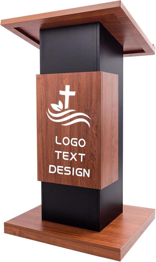 47" Customized Wood Podium Stand with Personalized Text Upload Your Logo, Wood Portable Lectern Churches with Wire Hole, Pulpits Stand with Storage for Churches, Office, School Conference Restaurant