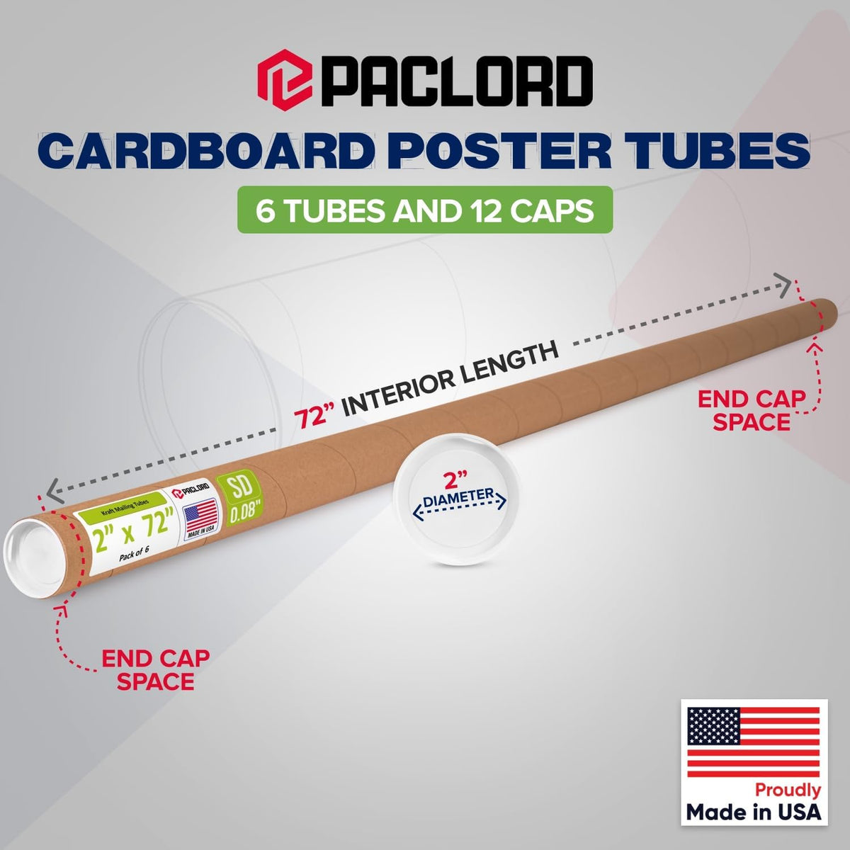 2" x 72" Reinforced Kraft Paper Mailing Tube, Pack of 6 Tubes with 12 Caps – Secure USPS Approved Poster Tube – Cardboard Tube for Shipping and Storing Posters, Prints, Artwork, or Documents