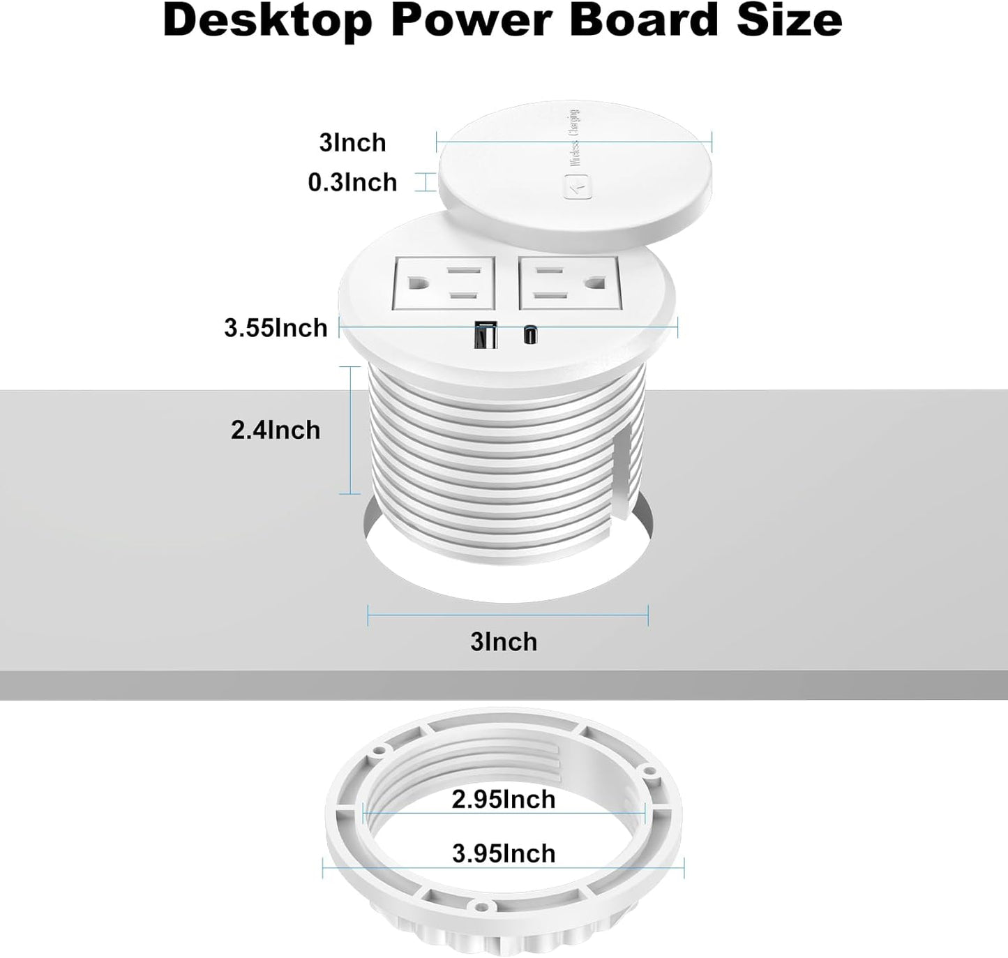 3 Inch Desk Recessed Power Grommet with 15W Wireless Charger, 20W USB-C Fast Charging Countertop Grommet Mount Power Outlet, with AC Outlets and 6ft Extension Cord