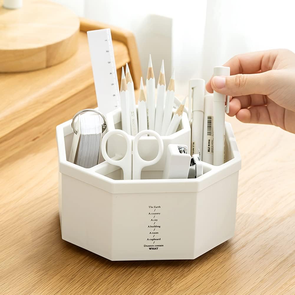 Desk Organizer, 360-Degree Rotating Multi-Functional Pen Holder, 5 Compartments Desktop Stationary Organizer, Home Office Art Supply Storage Box Caddy (White)