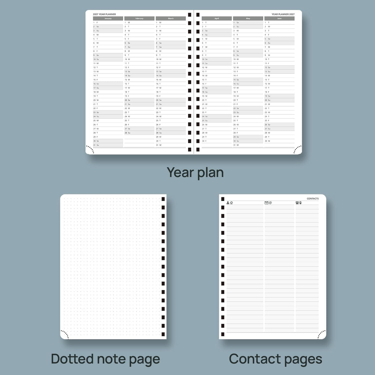 POPRUN 2026 Planner Weekly Notebook (Jan-Dec), Medium 8.5''x 6.5'' - Agenda 2026 Calendar Book with Monthly Tabs, Inner Pocket, Spiral Soft Cover, 100 GSM - Cerulean Blue