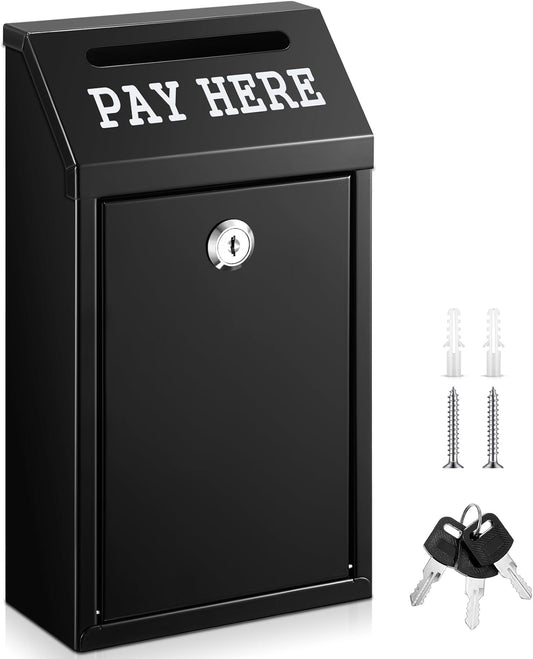 Safe Cash Box Money Collection Metal Donation Box with Lock Wall Mount Pre Drilled Mailbox Delivery Ballot for Home Office Outdoor Self Serve Stand(Black,10.2 x 5.7 x 2.8 Inch)