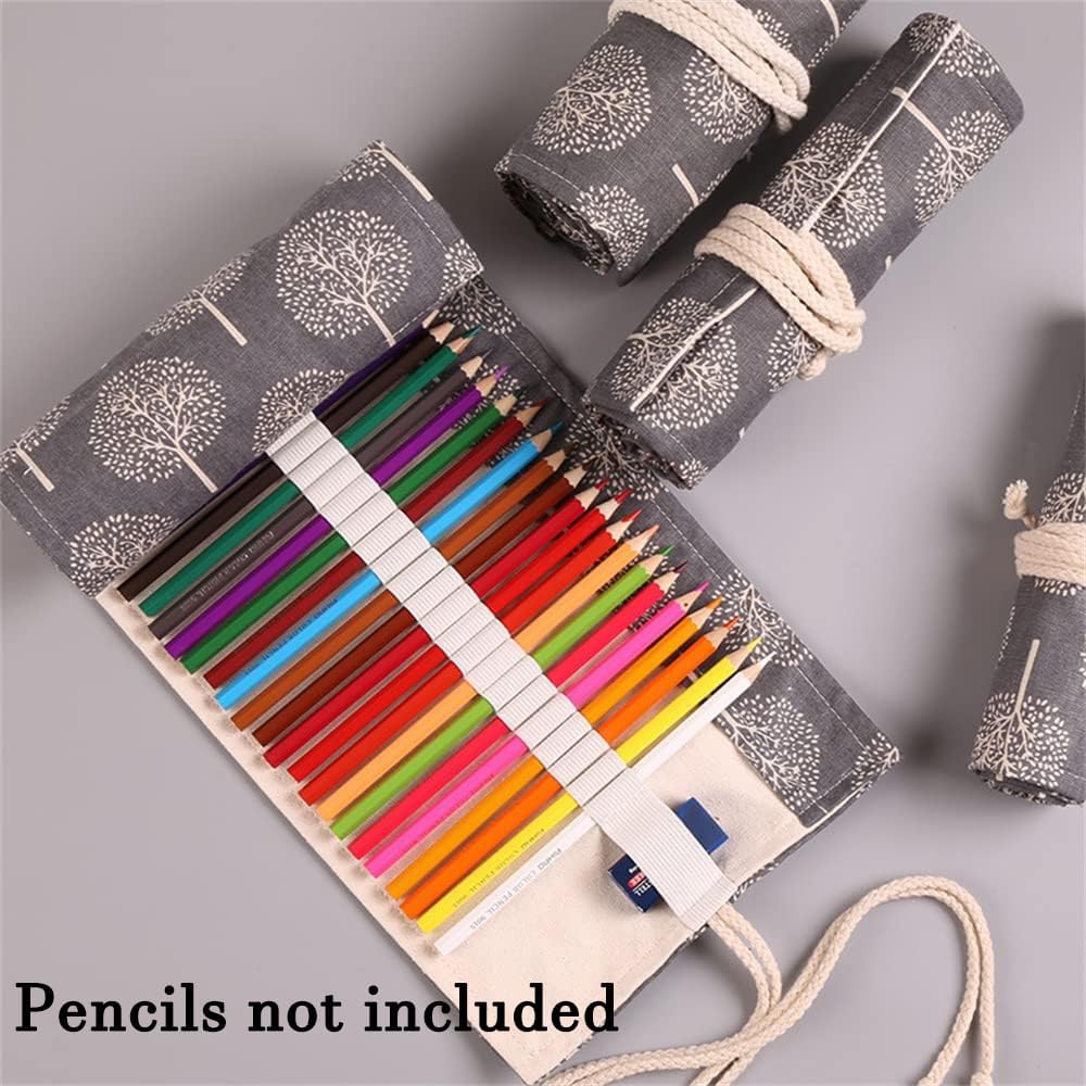 DIYOMR 24/36/72 Slots Pencil Wrap Pencil Rolls, Artist Colored Pencils Roll Up Bag Short Brushes Pouch Case Pencils Organizer for Drawing Coloring and Sketching (Trees, 72slots)