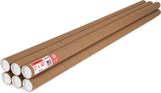2" x 60" Heavy-Duty Reinforced Cardboard Mailing Tube, Pack of 6 Tubes with 12 Caps – Secure USPS Approved – Great for Shipping and Storing of Prints, Artwork, Posters or Documents
