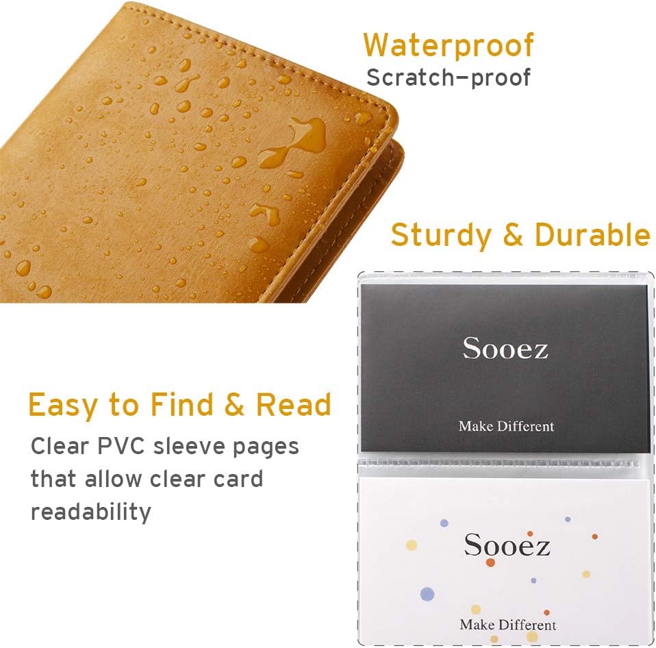 Sooez Leather Professional Business Card Book Holder Organizer, 240 Capacity Credit Card Booklet, PU Name Cards Holder Storage File for Men Women, Orange
