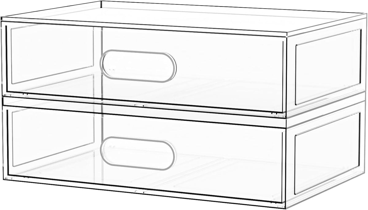 2 Pack Clear Makeup Storage Drawer, 12.1''W Stackable Bathroom Organizers and Storage Drawer, Acrylic Cosmetic Display Case For Vanity, Undersink, Cabinets, Desk Organizer