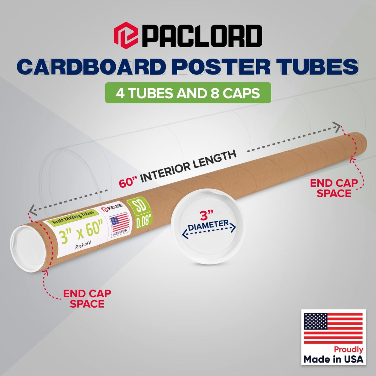 3" x 60" Reinforced Kraft Paper Mailing Tube, Pack of 4 Tubes with 8 Caps – Secure USPS Approved Poster Tube – Cardboard Tube for Shipping and Storing Posters, Prints, Artwork, or Documents
