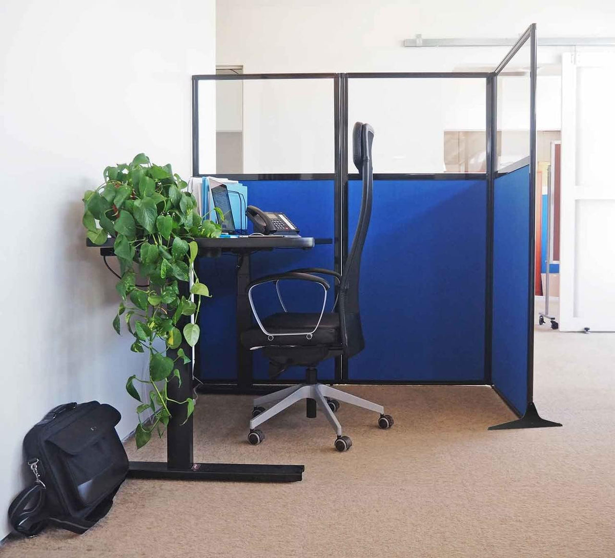 Versare Office Workstation Screen | Portable Wall Divider | Modern Cubicle | Freestanding Privacy Screen | Flexible Work Space | 3 Panels | 99" Wide x 70" Tall Blue SoundSorb Panels with Window