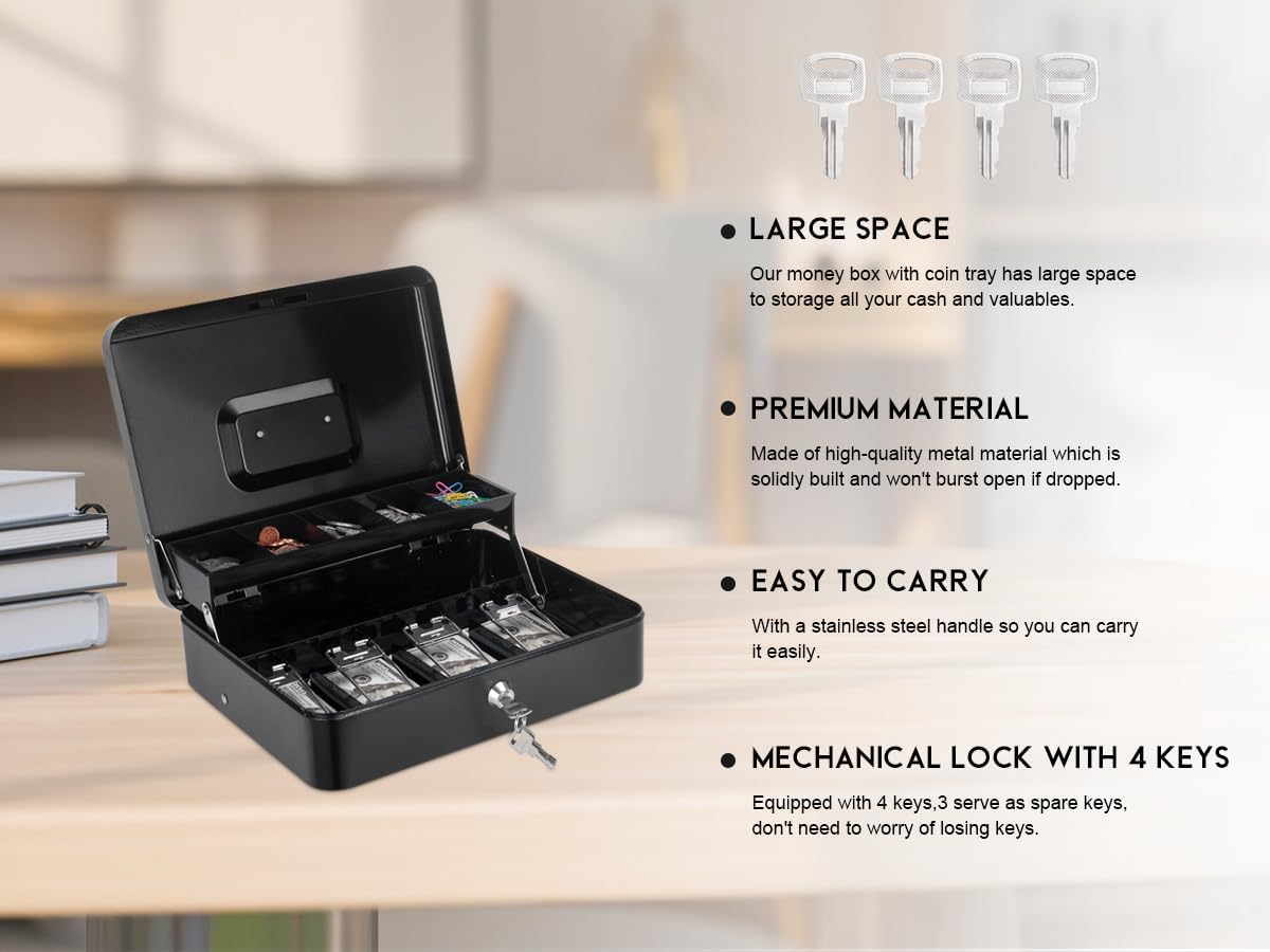 Cash Box with Money Tray and Key Lock, Large Metal Safe Money Box for Cash Register, Locking Money Saving Organizer Lock Box for Money Storage with 4 Keys 11.8"x9.45"x3.54" Black XL Large