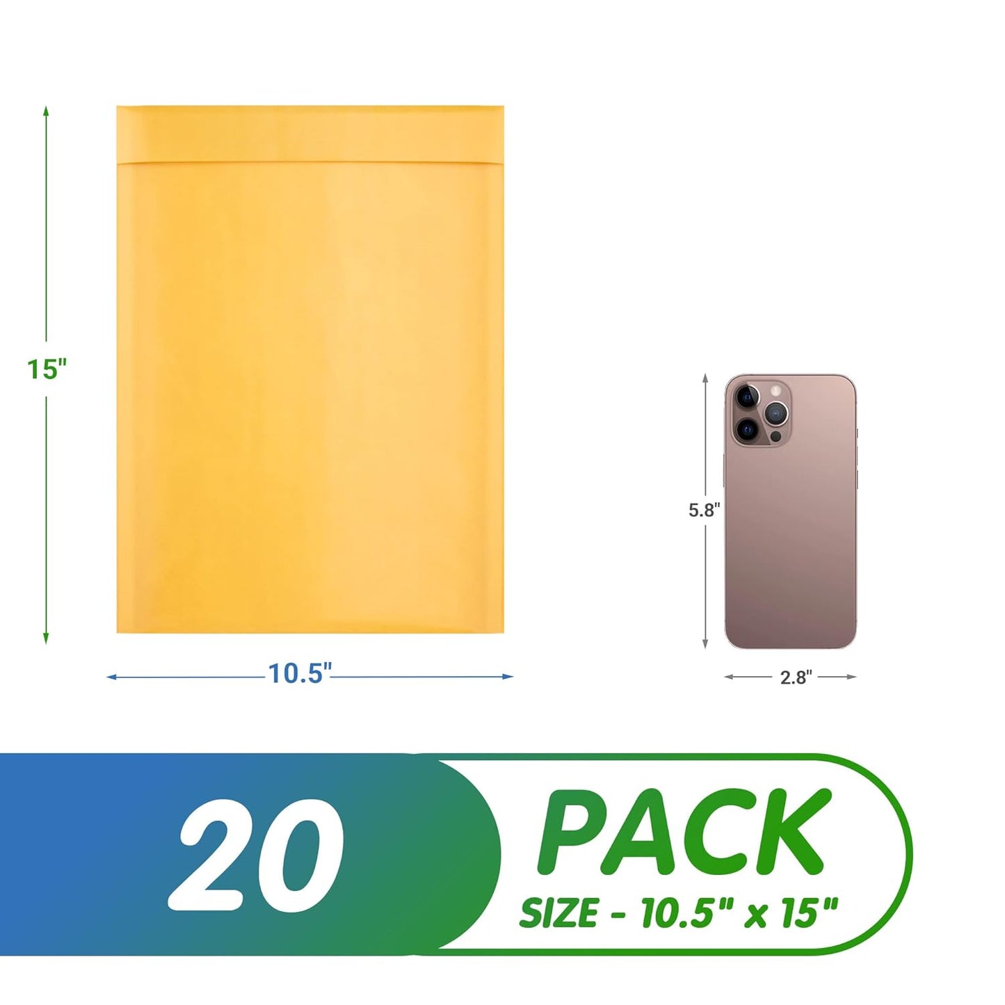 Yellow Kraft Bubble Mailer Envelopes, 10.5 x 15 Inches. 20 Pack Mail Padded Envelopes Self Seal. Waterproof Kraft Bubble Mailers. Tear-Resistant Mailing Envelope Padded. Sturdy Paper Mailer