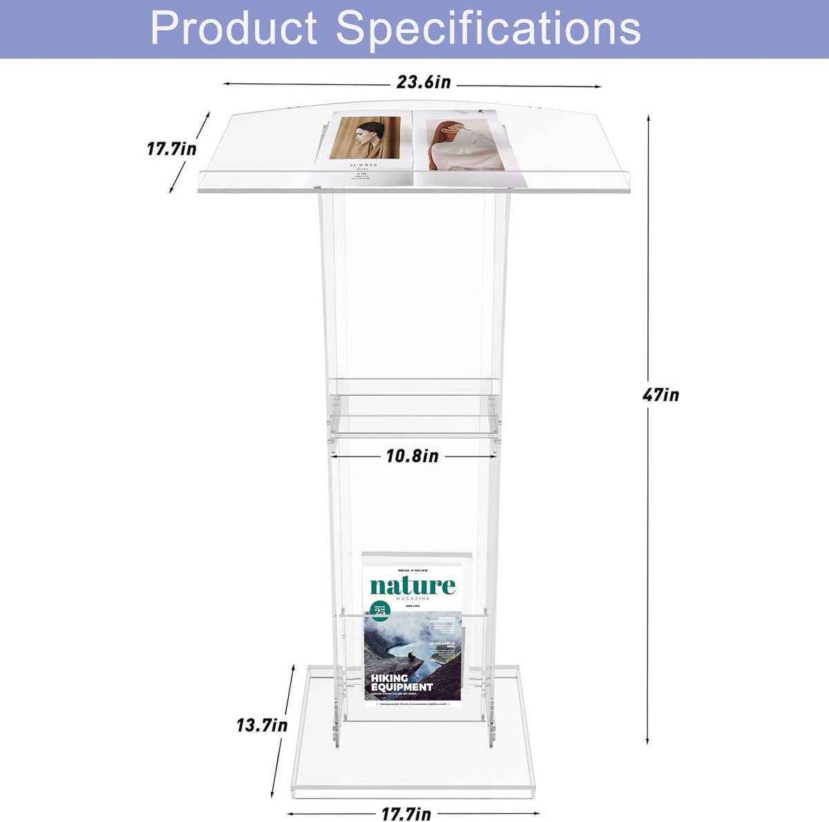 Acrylic Podium Stand with Storage Shelf,Segmented Transparent Lecterns & Podiums,Pulpits for Churches、Conference、Speeches、Weddings、Classroom、Concert,47" H Professional Presentation Podiums