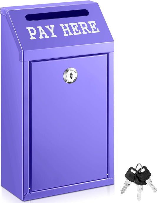 Safe Cash Box Money Collection Metal Donation Box with Lock Wall Mount Pre Drilled Mailbox Delivery Ballot for Home Office Outdoor Self Serve Stand (Purple,10.2 x 5.7 x 2.8 Inch)