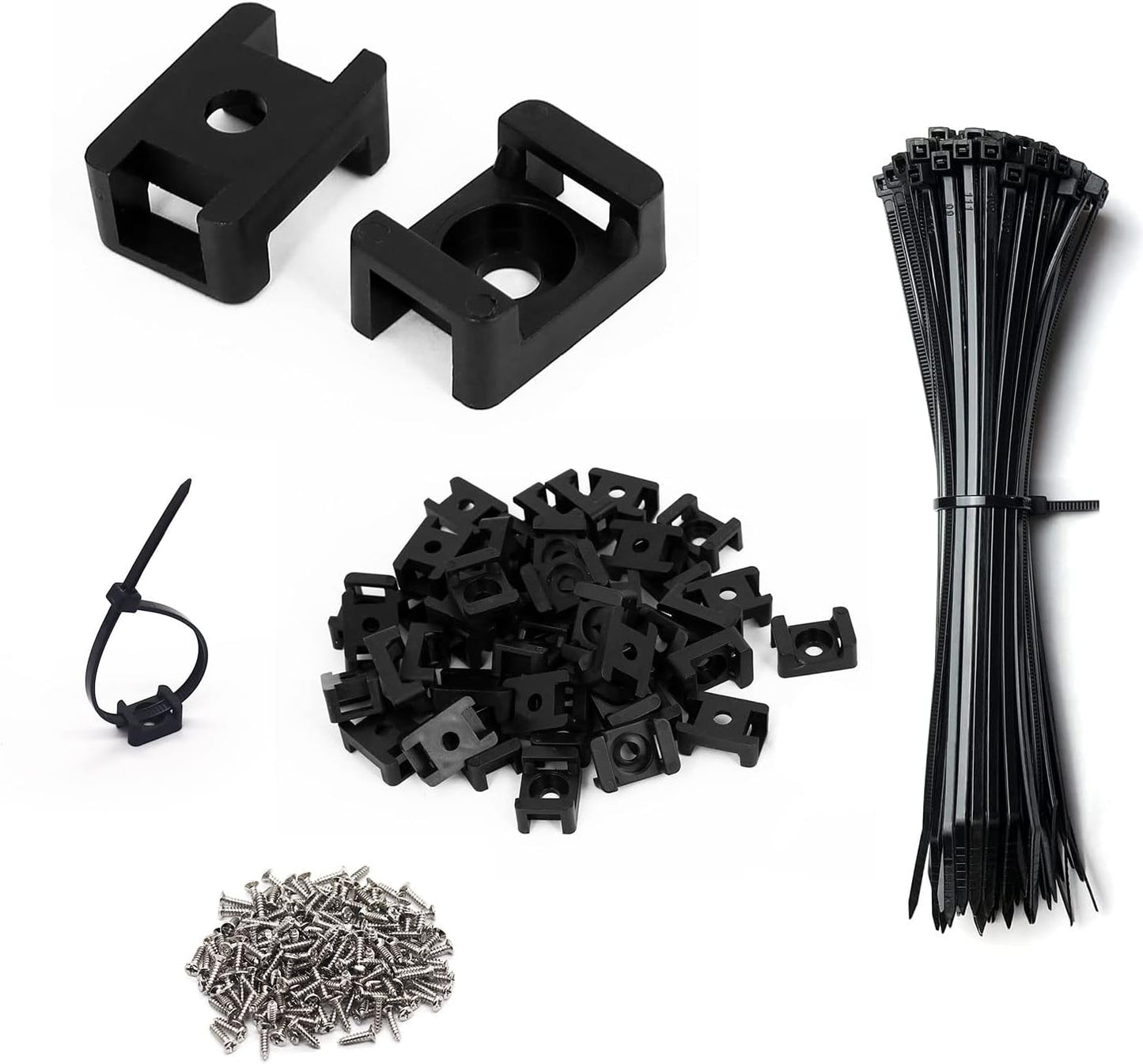 Cable Zip Tie Mounts Kit - 120 Set Wire Cable Clips Organizer Holders with 8" Cable Ties, Saddle Type Mounts Base and Tapping Screw, Black