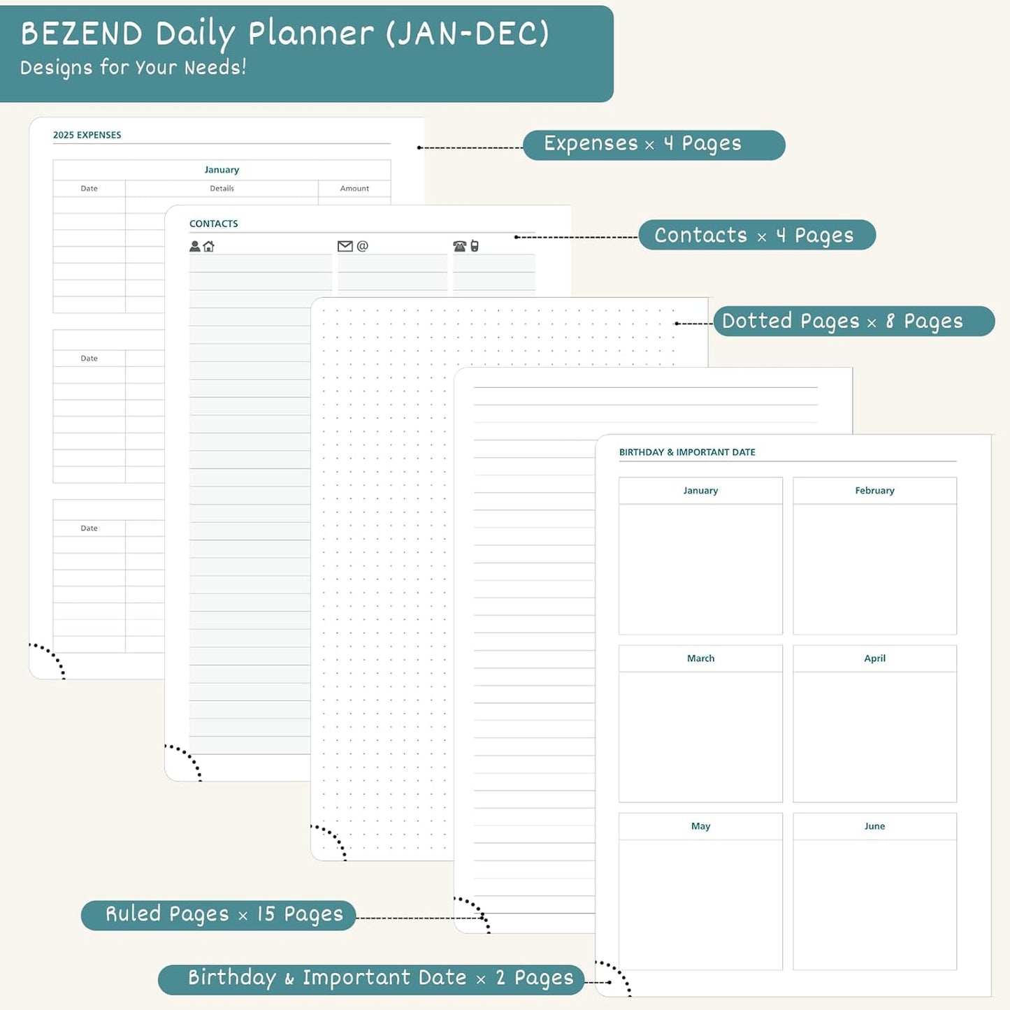 BEZEND Daily Planner 2026 (6" x 8.5") Full Page per Day Even Weekend (Jan-Dec) Monthly Calendar with Tabs, 2 Columns for Dual Schedule with Note, Vegan Leather Hardcover in Prussian Blue