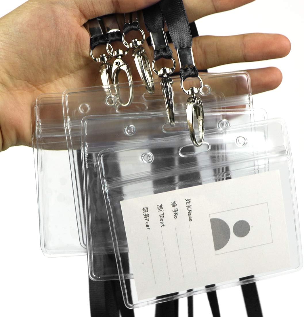 Lanyard with ID Holder 50 Pcs Waterproof Name Tag Horizontal Badge ID Card Holders ID Pass Holder and 50 Pcs Flat Neck Black Lanyards Swivel Hook