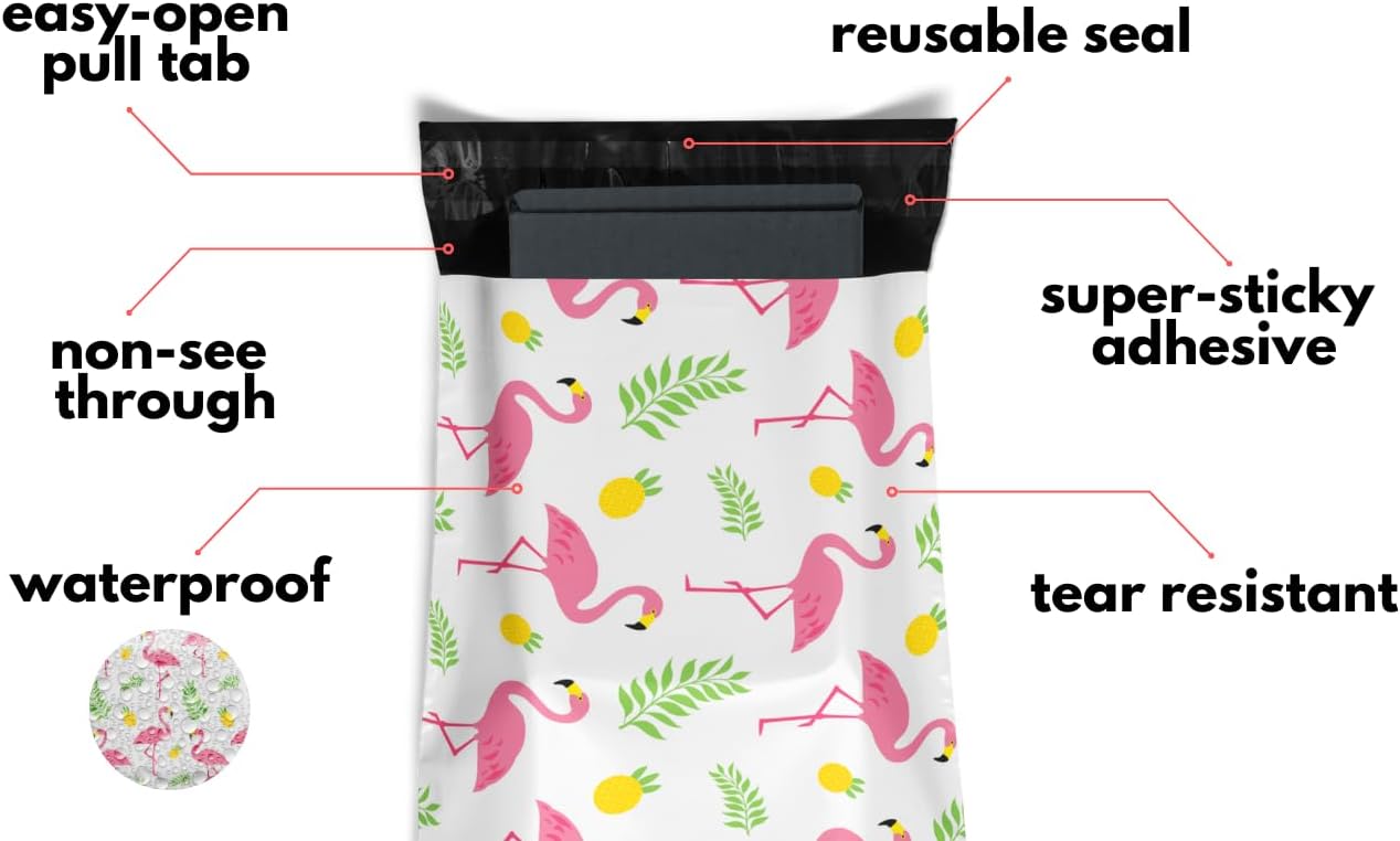 Poly Mailers 10x13 100 Pack | Self-Sealing Shipping Bags Envelopes for Small Business | Waterproof Durable Packaging | Flamingo | Pineapple Beach Tropical Pink | à la mode Mailers