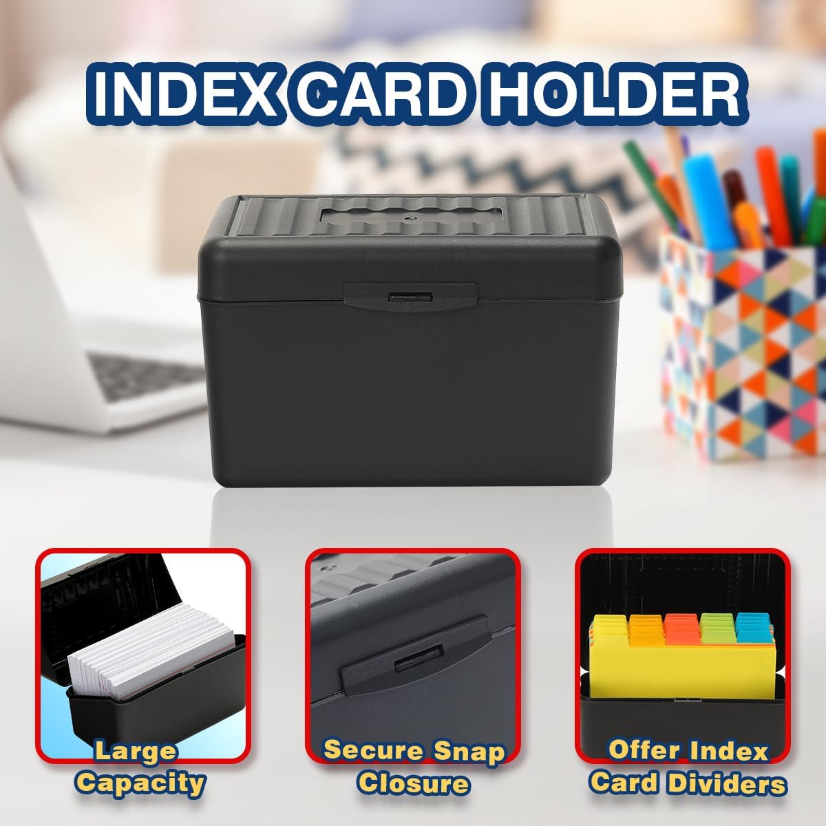 H4D Index Card Holder 4x6 Inches with 25 Plastic Dividers, Black