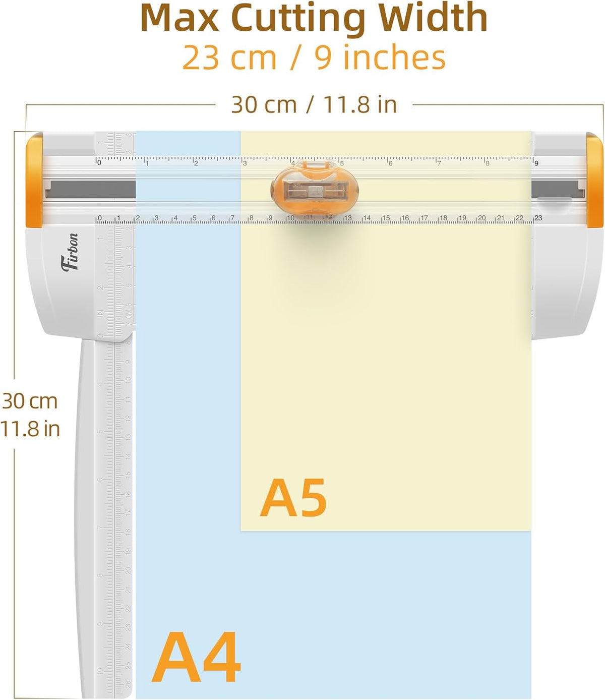 Firbon 3-in-1 Paper Cutter, 9" Compact A5 Paper Trimmer with Straight Cut, Scoring & Perforating Blades for Cardstock, Scrapbooking, Crafting, Labels & Home Office (Orange)