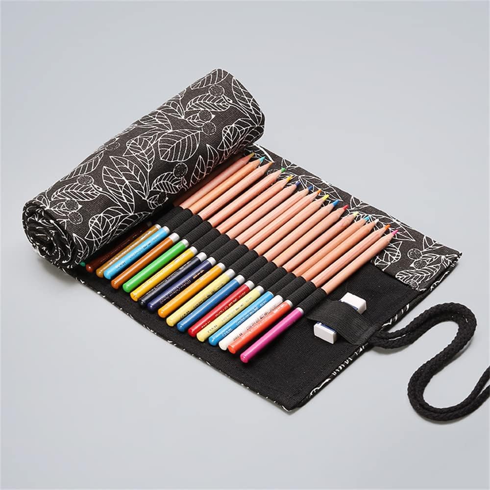 DIYOMR 24/36/72 Slots Pencil Wrap Pencil Rolls, Artist Colored Pencils Roll Up Bag Short Brushes Pouch Case Pencils Organizer for Drawing Coloring and Sketching (Black Leaves, 36slots)