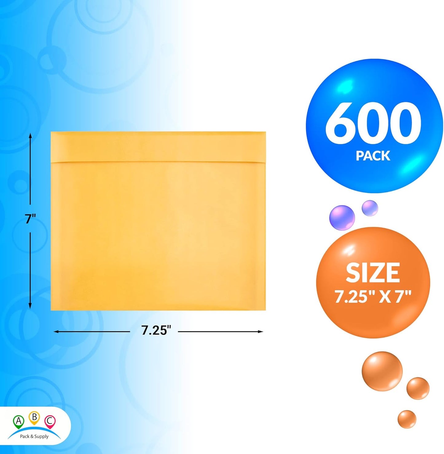 ABC PACK & SUPPLY Yellow Kraft Bubble Mailer Envelopes, 7.25 x 7 Inches. 600 Pack Mail Padded Envelopes Self Seal. Kraft Bubble Mailers. Tear-Resistant Mailing Envelope Padded. Sturdy Paper Mailer