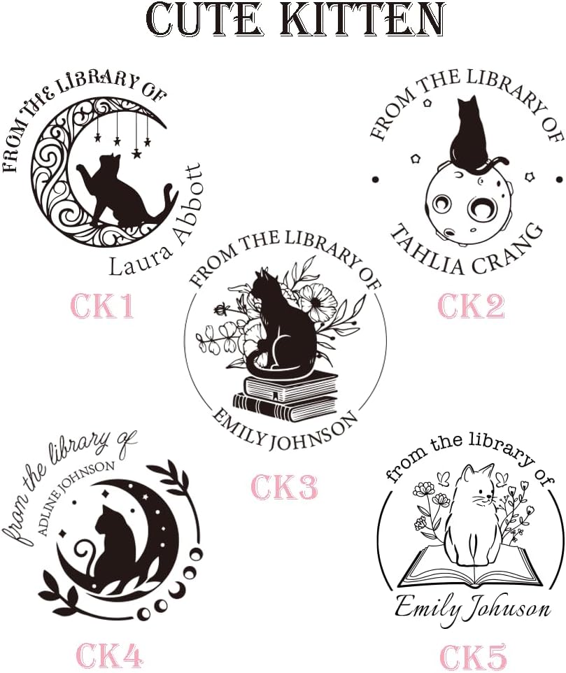Personalized Book Embosser Stamp with Handle Set, Custom Self-Inking Library Stamp with Name & Design, Elegant Invitation Seal from Library Stamp Kit, Birthday, Book Lover Gifts (Cutty Cats)