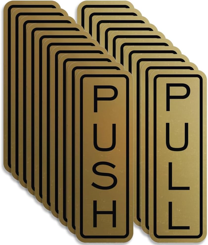 All Quality Classic Vertical Push Pull Door Signs - Great for Glass Doors | Professional Looking Signs | Easy Installation Includes Double-Sided Foam Adhesive Tape (Brushed Gold) - Medium (10 Pack)