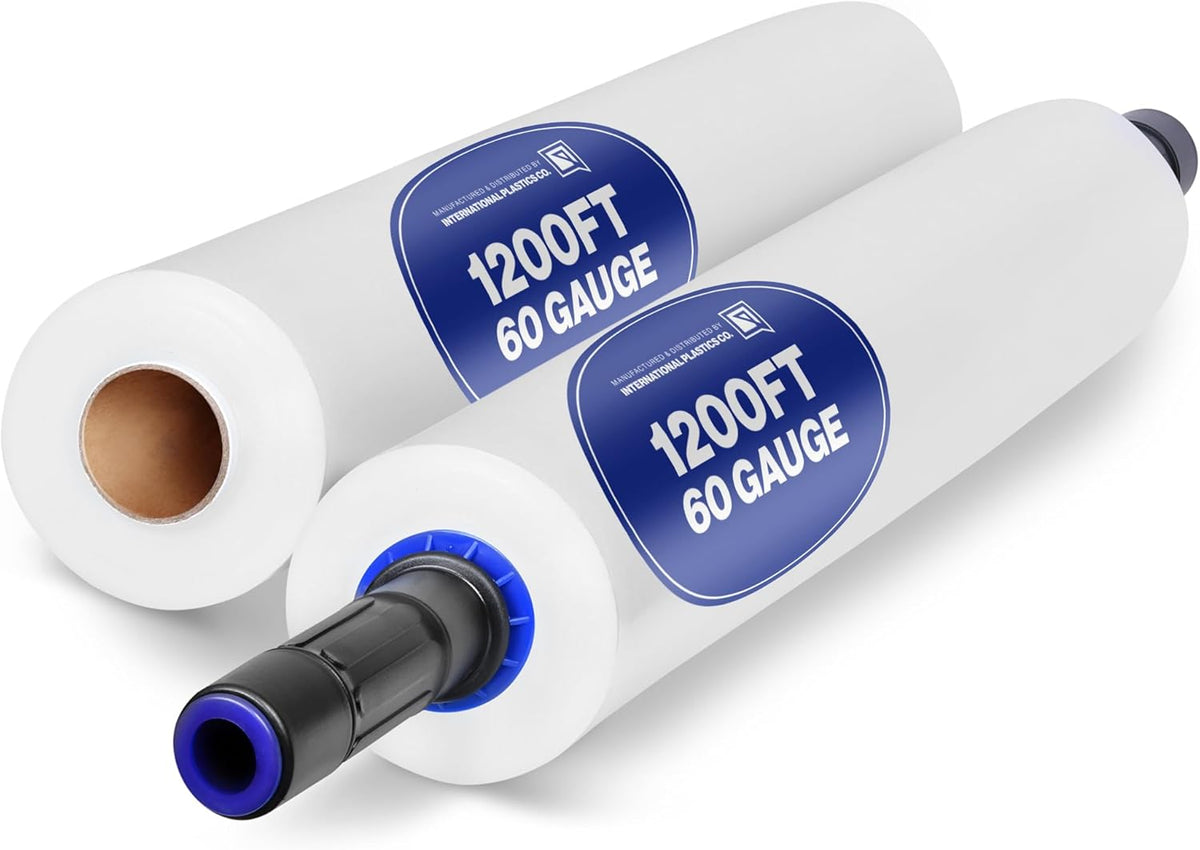 International Plastics Co. 2 Pack 15" Plastic Stretch Film Wrap with Extended Tension Handles 1200ft Each 500% Stretch Clear Cling Durable Adhering Packing Moving Heavy Duty Pallet Shrink