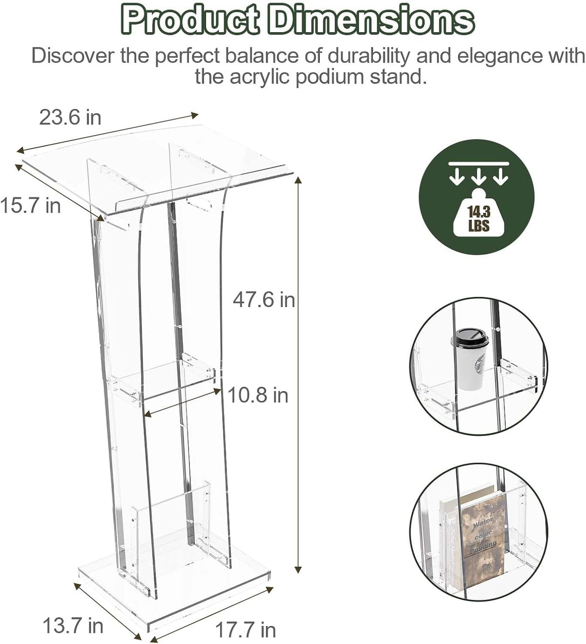 Dethan Acrylic Clear Lecterns Podium Stand, 48 Inch - Pulpits with Storage Shelf for Churches, Conference, Speeches, Weddings, Classrooms, Professional Presentation Podiums (Transparent)