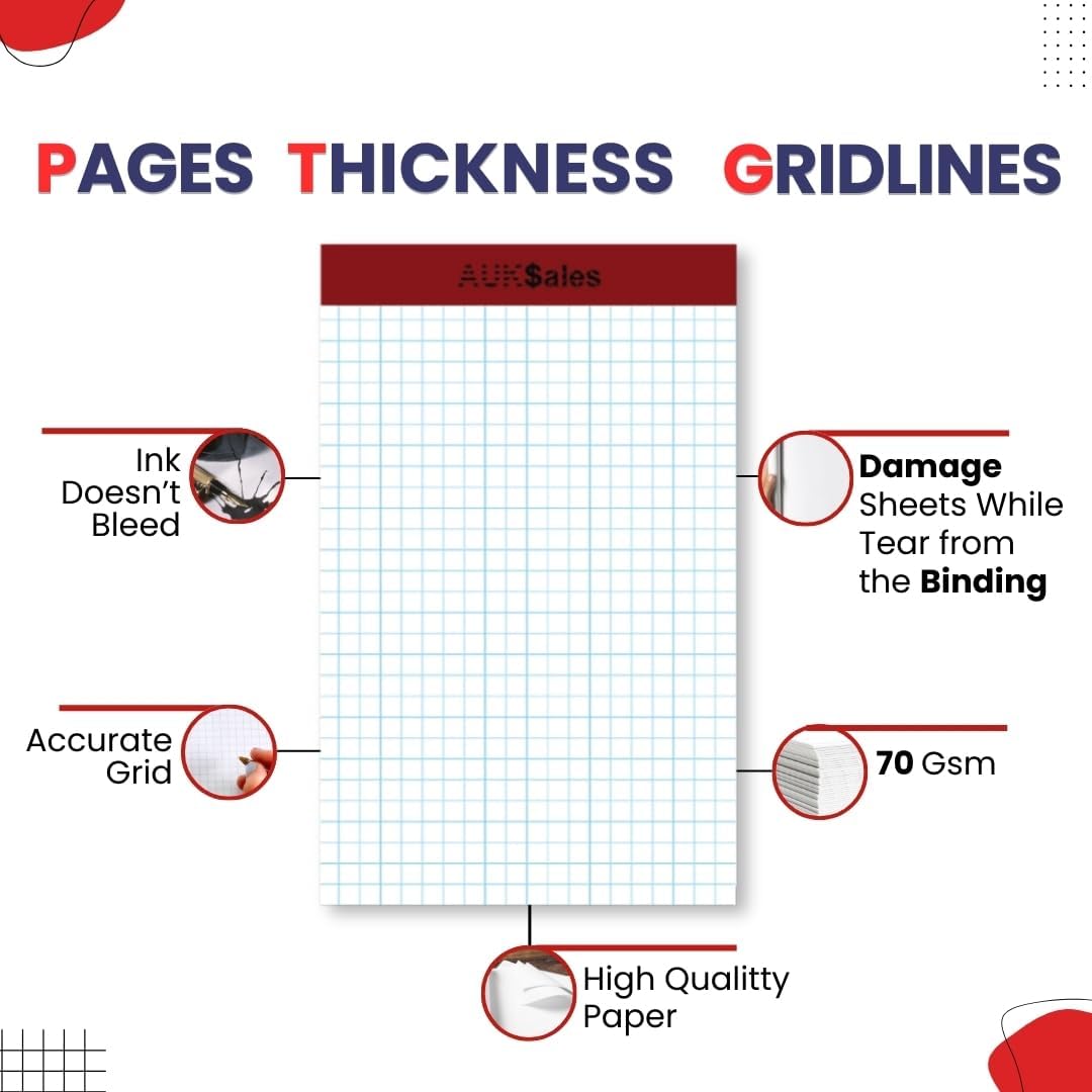 Grid Paper Pad 5x8 Inches, Graph Paper Pad 4x4, Grid Notepad, 3 Pack, 5x8 Graph Paper 1/4 Grid, Graphing Paper, Engineering Pad, 100 Sheets 200 Pages Perforated Pad for School, Home, & Office
