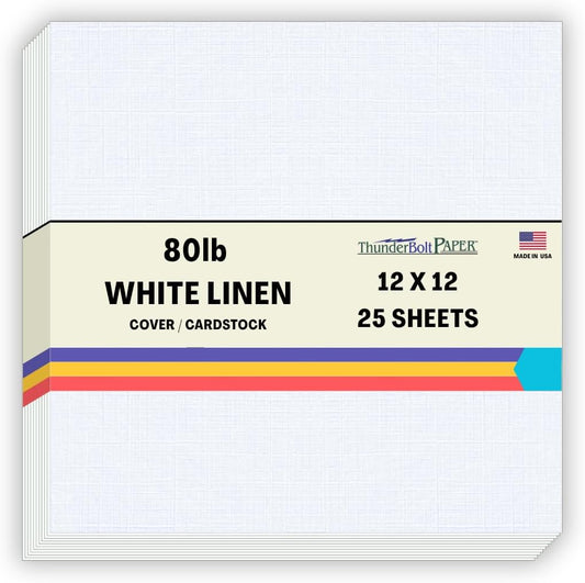 25 Bright White Linen 80# Cover Paper Sheets - 12X12 Inches Square Scrapbook Album Size - 80 lb/pound Card Weight - Fine Linen Textured Finish Cardstock