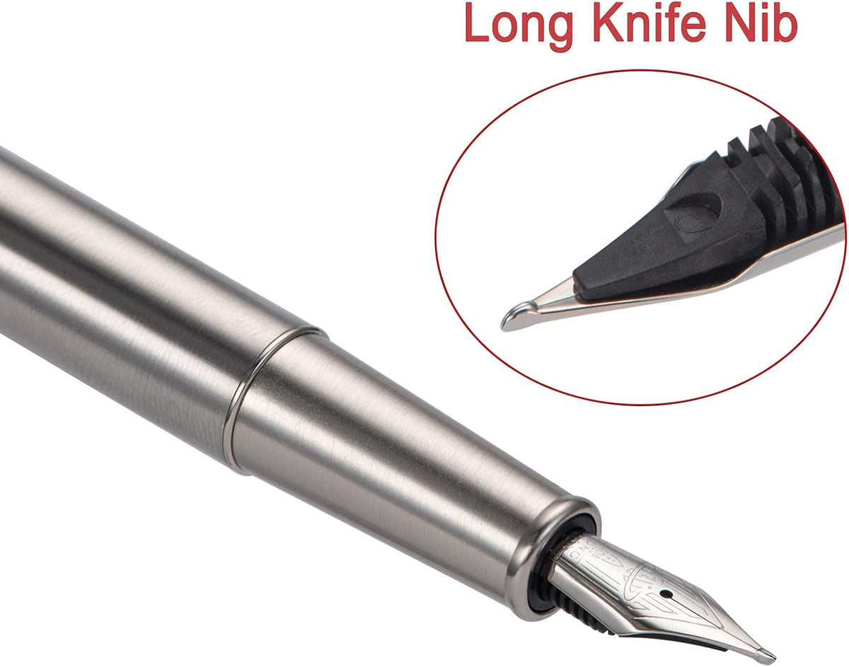 Hongdian 1861 Stainless Steel Fountain Pen Long Blade Nib, Classic Design Smooth Writing Pen with Converter and Metal Pen Case Set