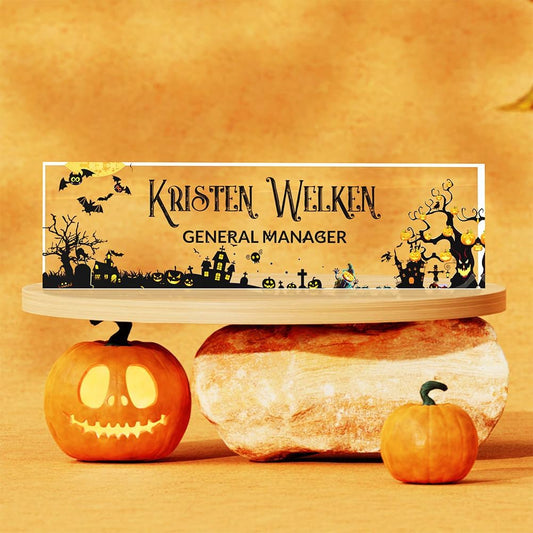 Personalized Name Plate for Desk | Halloween Decor for Work| Acrylic Office Desktop Decorations | Holiday Gifts