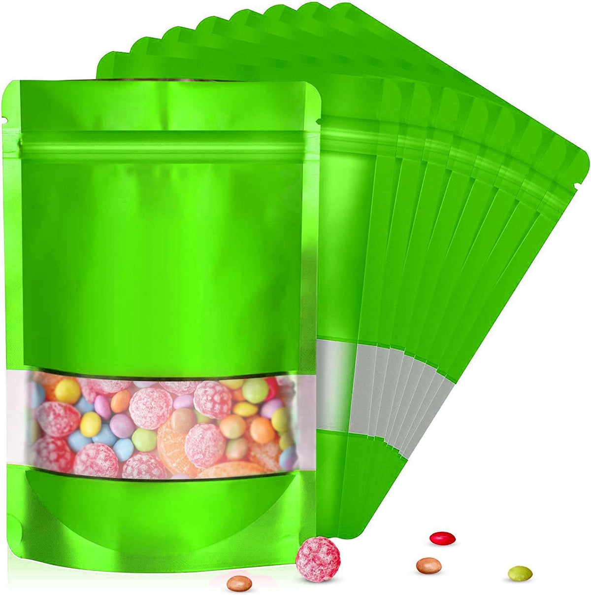 6.3"x9.5" 120pcs Mylar Bags for Food Storage,Smell Proof Bag with Matte Window Resealable Food Storage Bags for Small Business, Stand-up Foil Pouch Packaging Freeze Dried Candy Bag （Green）